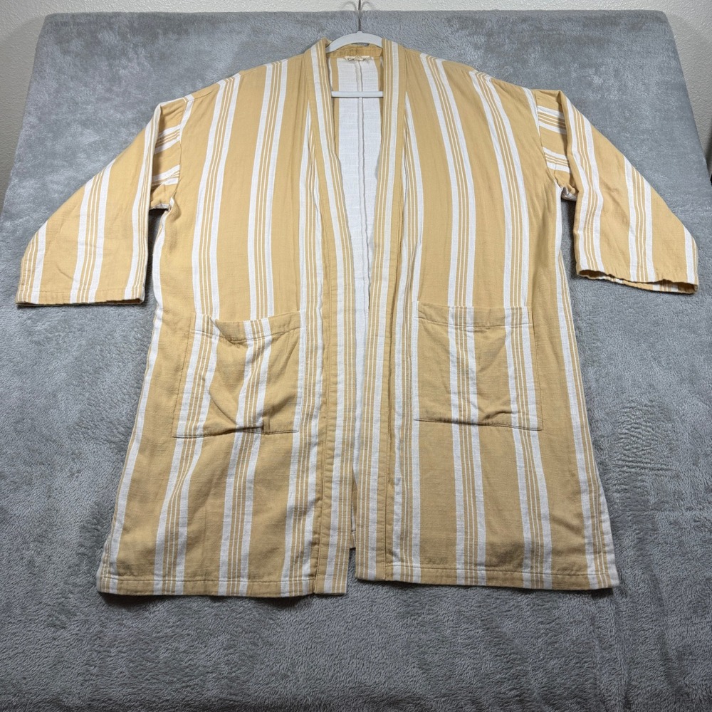 Eileen Fisher Kimono‎ Cardigan Women L/XL Yellow Striped Cotton Open Front